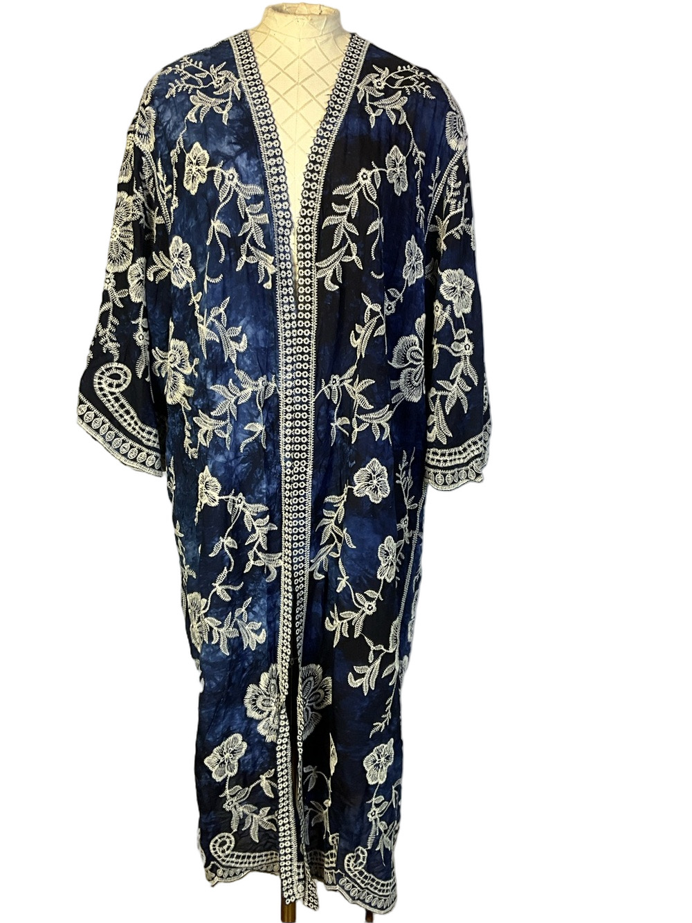 Raj Boho Floral Embroidered Blue White  TieDye Open Front Kimono Duster One Size